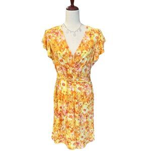 Soft Surroundings Sunny Leigh Floral Sheath-Wrap Dress Yellow/Orange Size Med